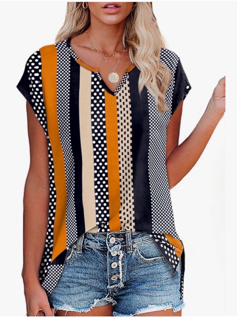 Polka Stripe V-Neck Women’s Top in Orange, Black & Cream